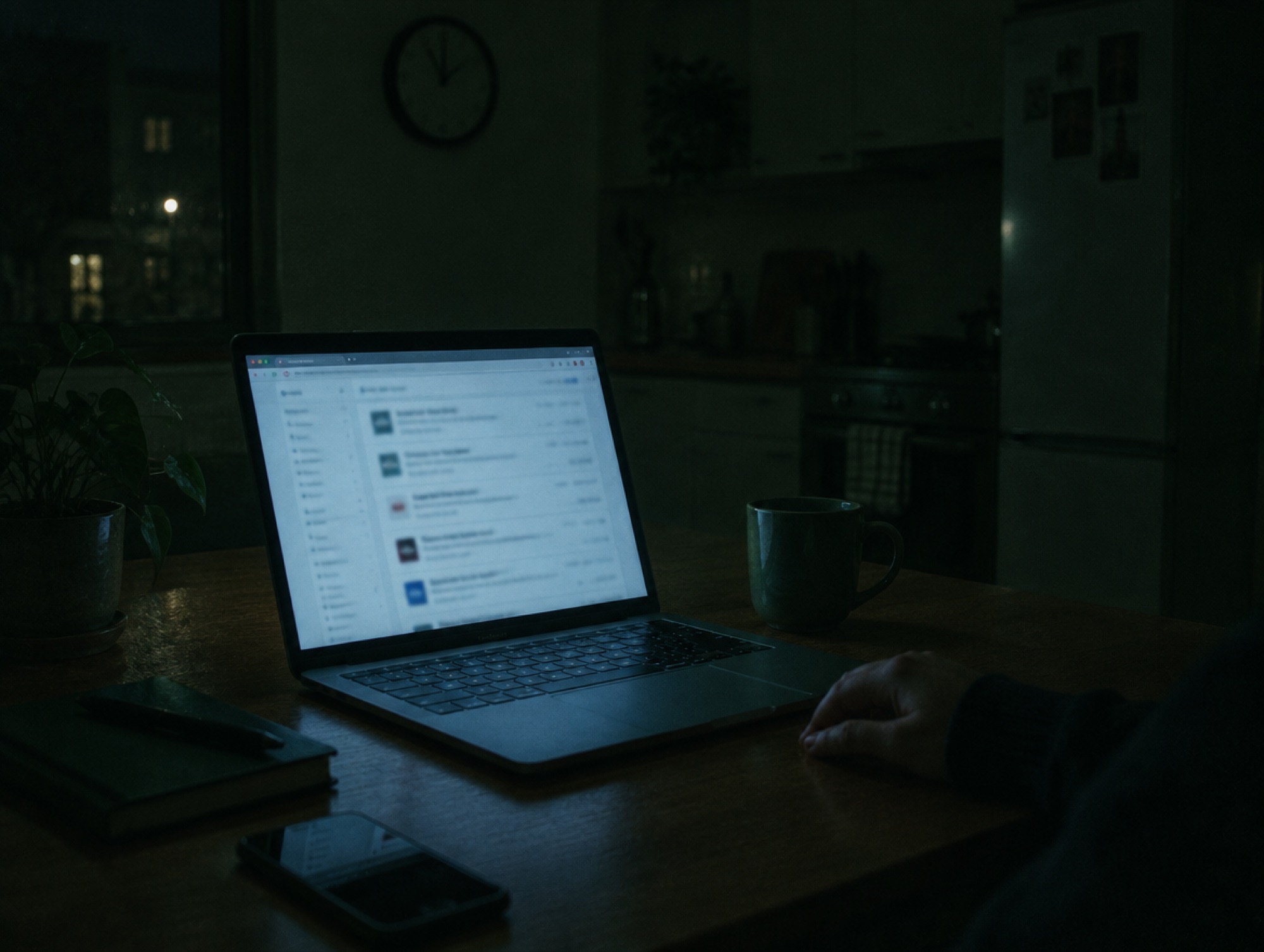 A laptop glowing on a kitchen table late at night