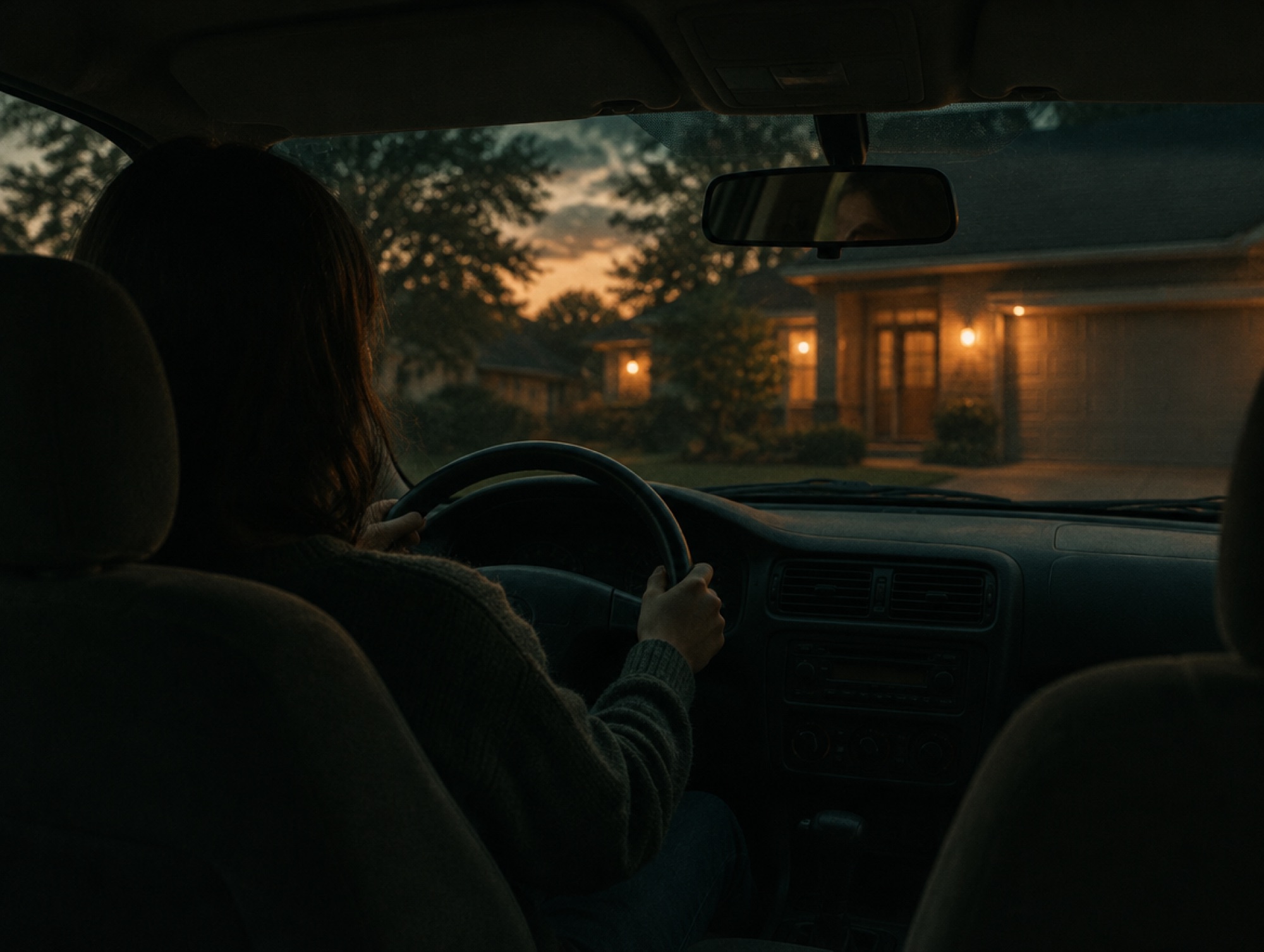 A person sitting alone in a parked car in the driveway at dusk