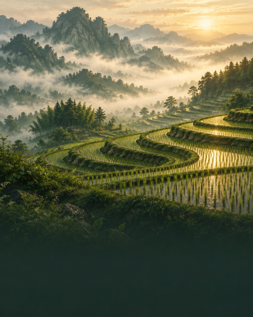 Terraced fields on a misty hillside