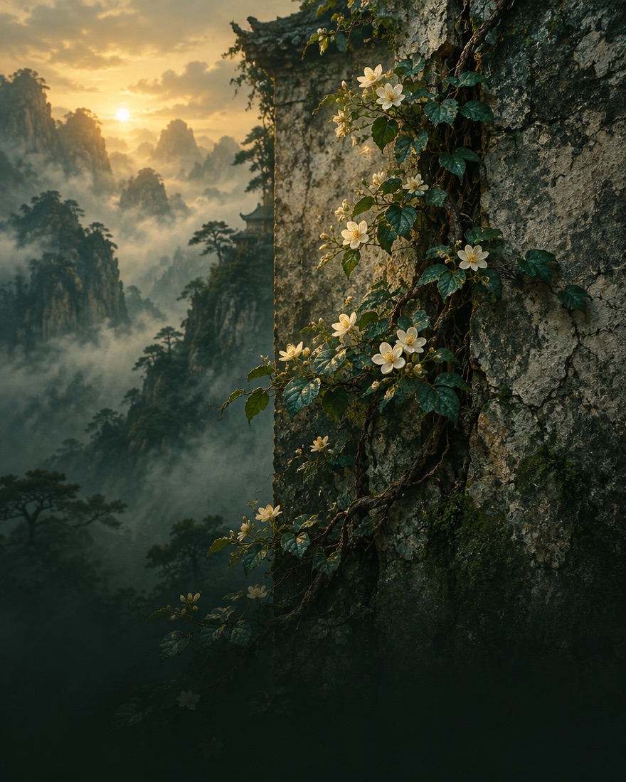 A vine climbing an old stone wall