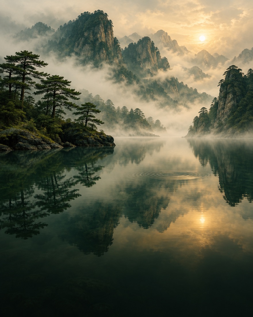 A still mountain pool in the mist