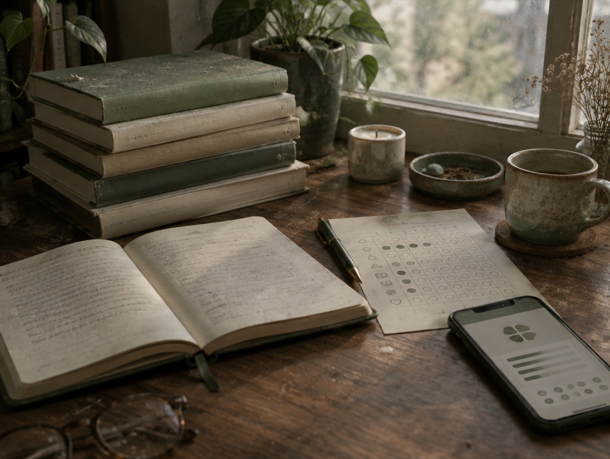 Self-help books, a journal and a phone left on a desk