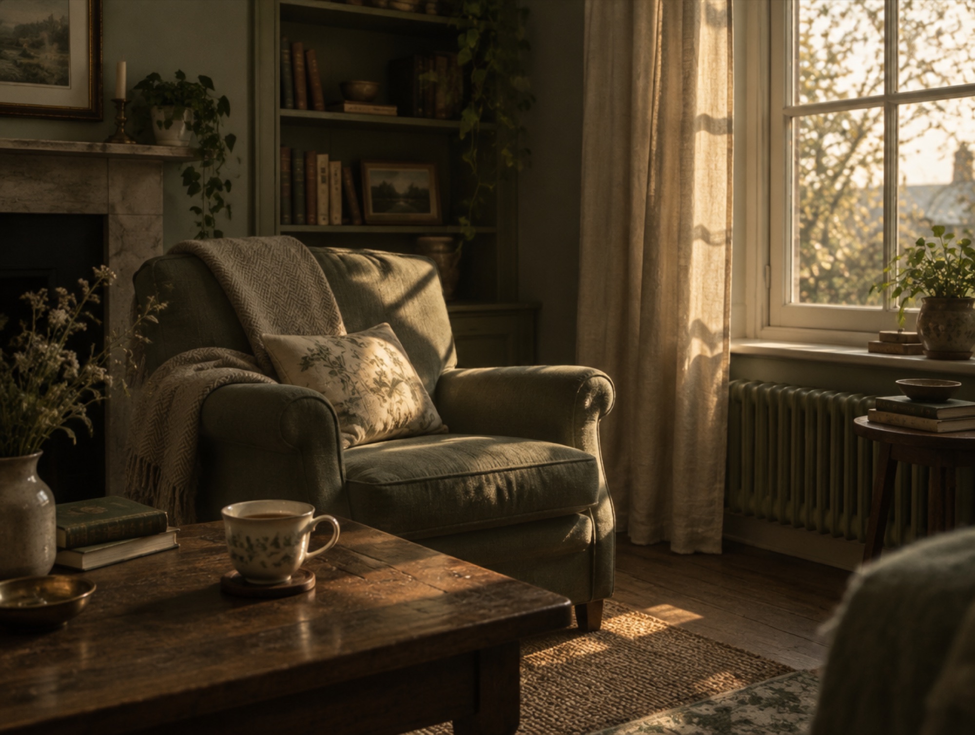 A quiet living room on a Sunday afternoon, an empty armchair and a cold cup of tea