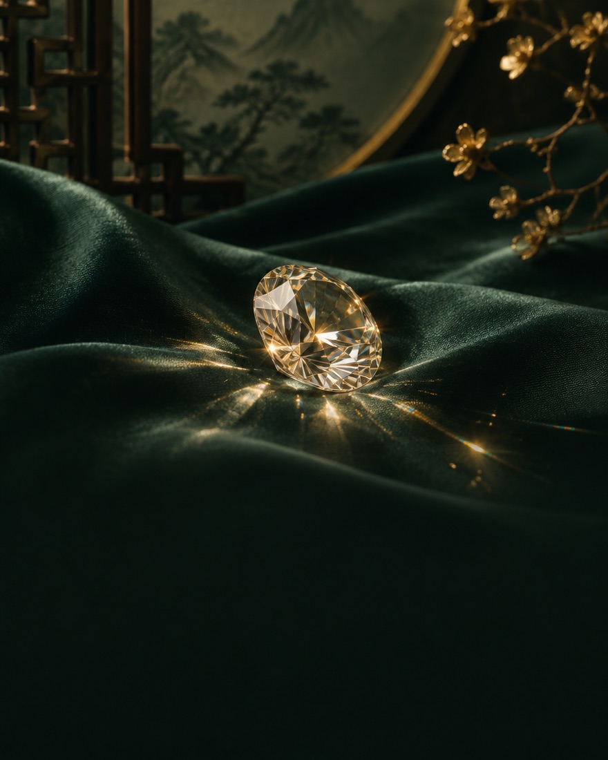 A cut gem on dark silk