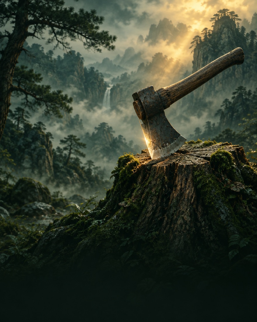An axe set in a tree stump