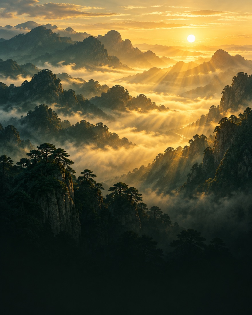 The sun rising over misty mountains
