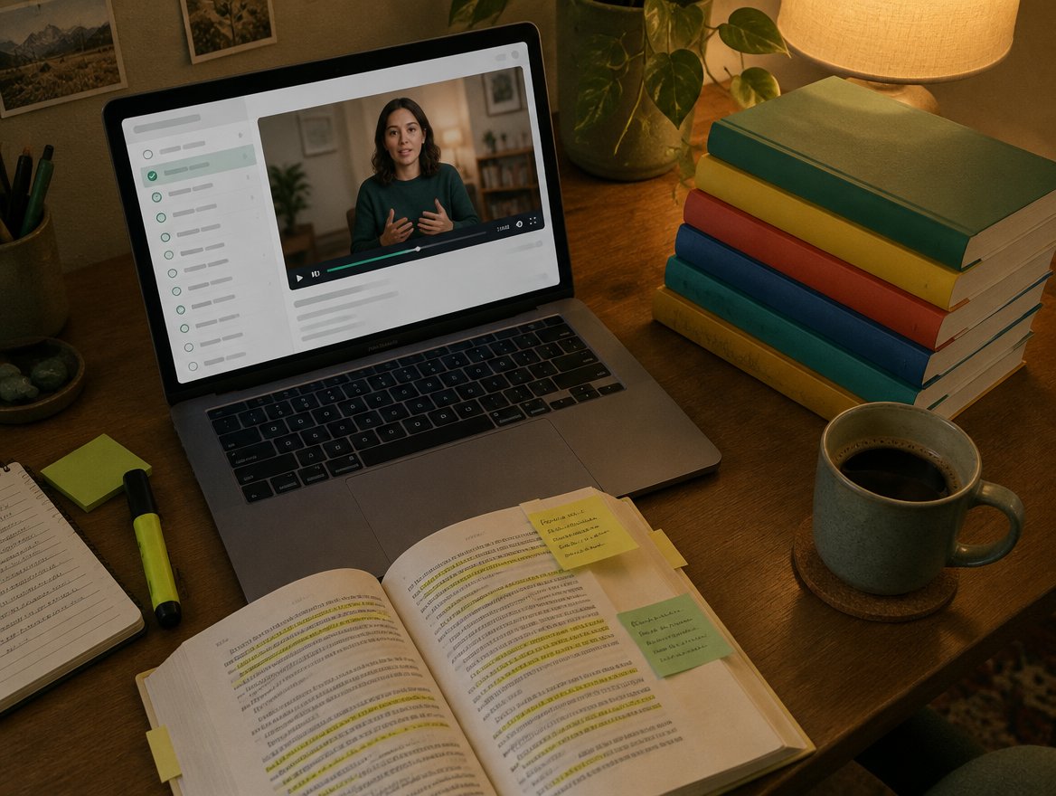 An online course on a laptop, a highlighted self-help book and a stack of self-help books