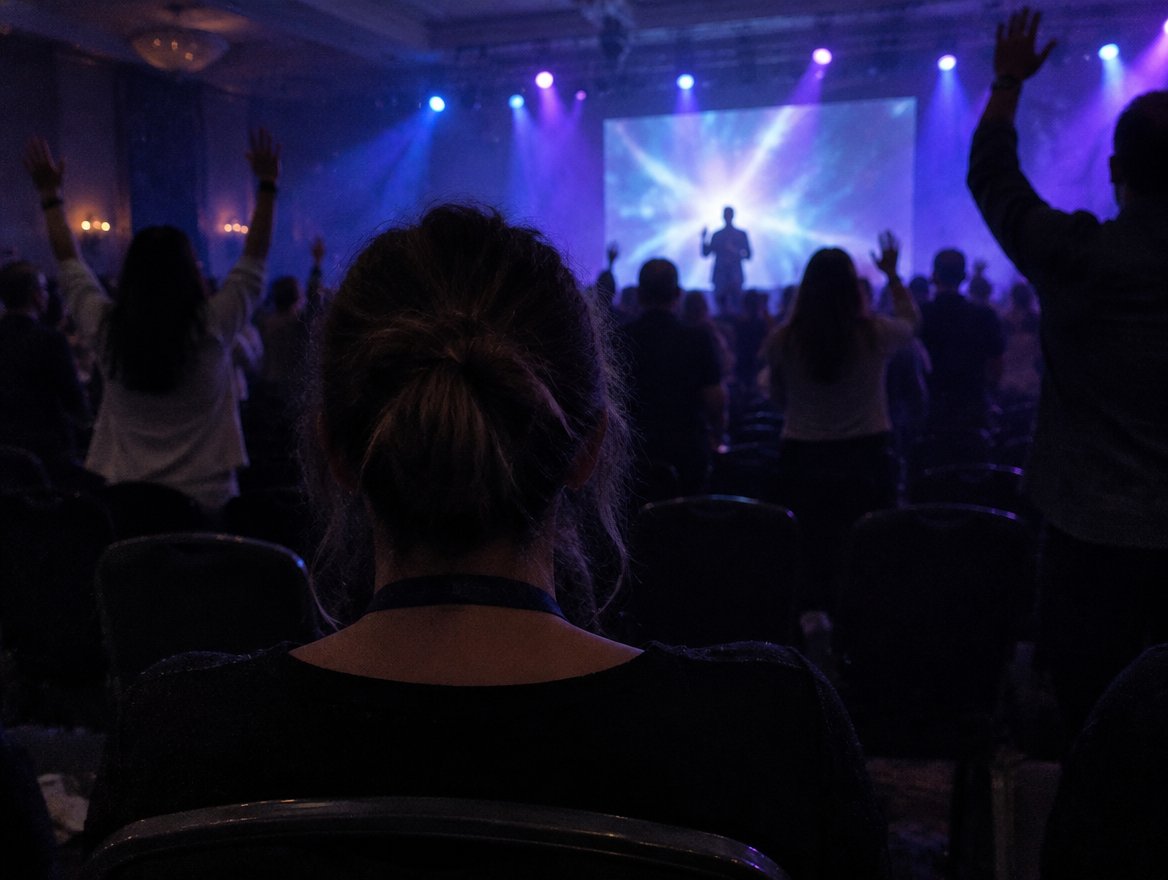 A woman seen from behind, sitting still while the crowd cheers at a seminar
