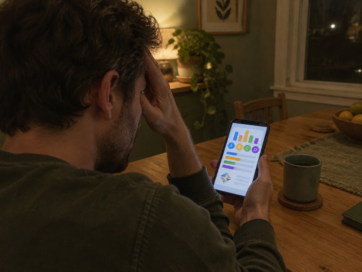 A man looking at a personality quiz result on his phone, unimpressed