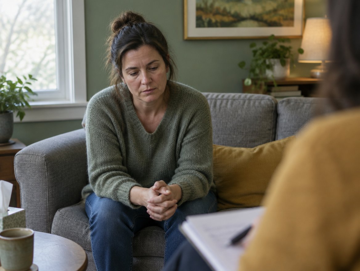 A woman on a therapist's couch, looking unsure